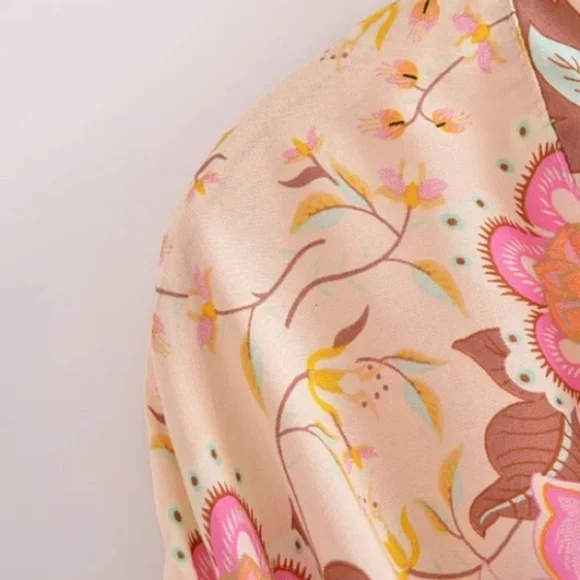 Beige Boho Multi Color Floral Peacock Short Kimono - Picture 8 of 10